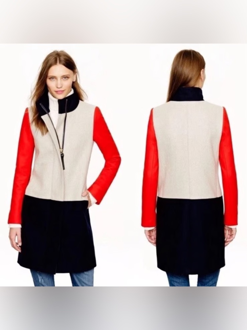 JCREW Colorblock Wool-Blend Funnel Neck Coat in Red, Cream & Navy, size 4
